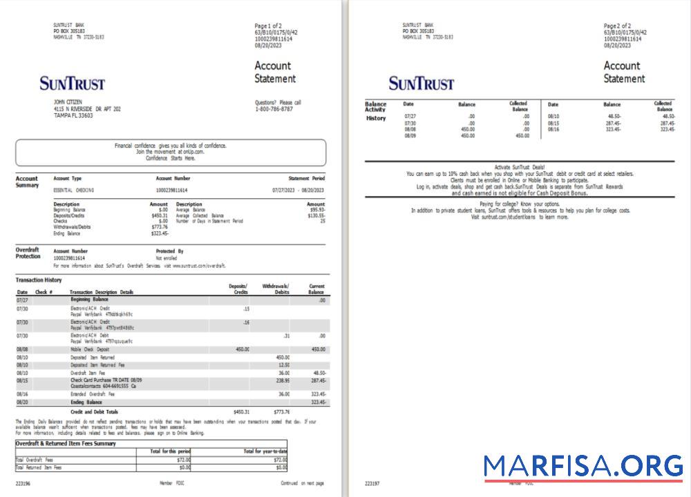 Blank USA Suntrust bank account statement word 2 pages scr real example